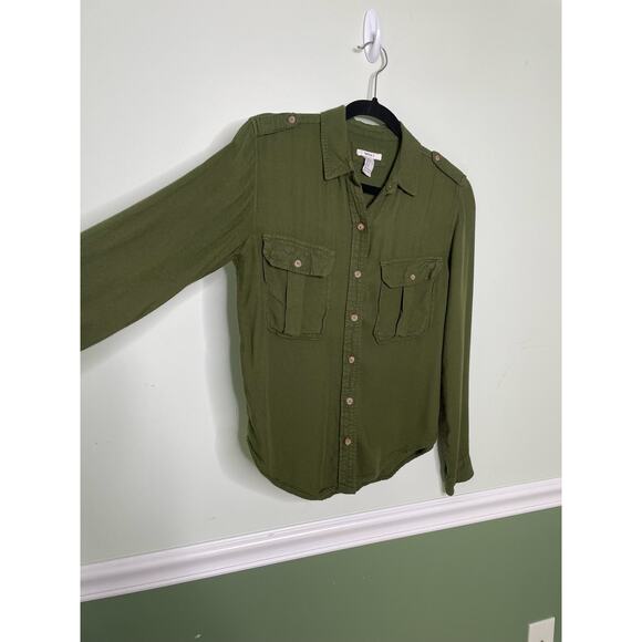 Forever 21 Button Up Blouse Top Long Sleeve Pocket Front Collared Army Green S - Picture 5 of 10